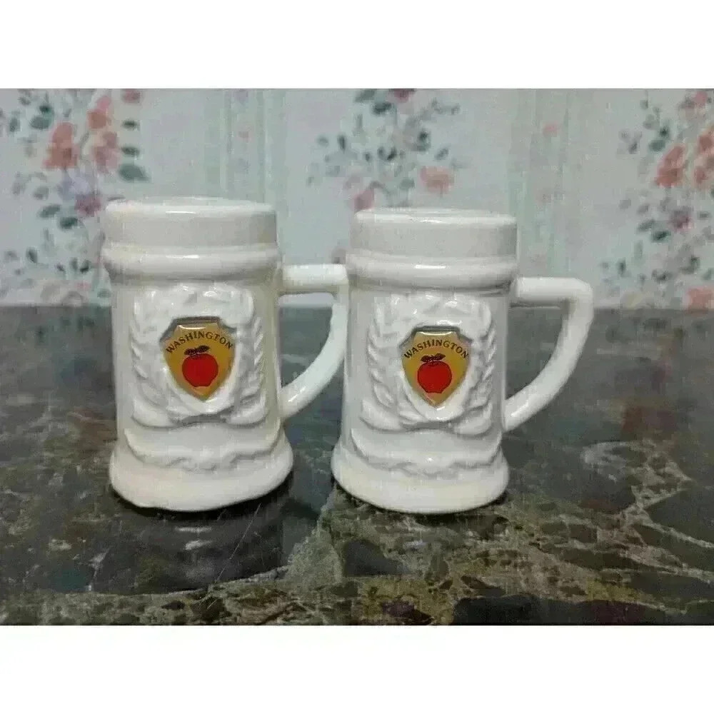Vintage Salt and Pepper Shaker Set Washington Souvenir White With Apple Decor